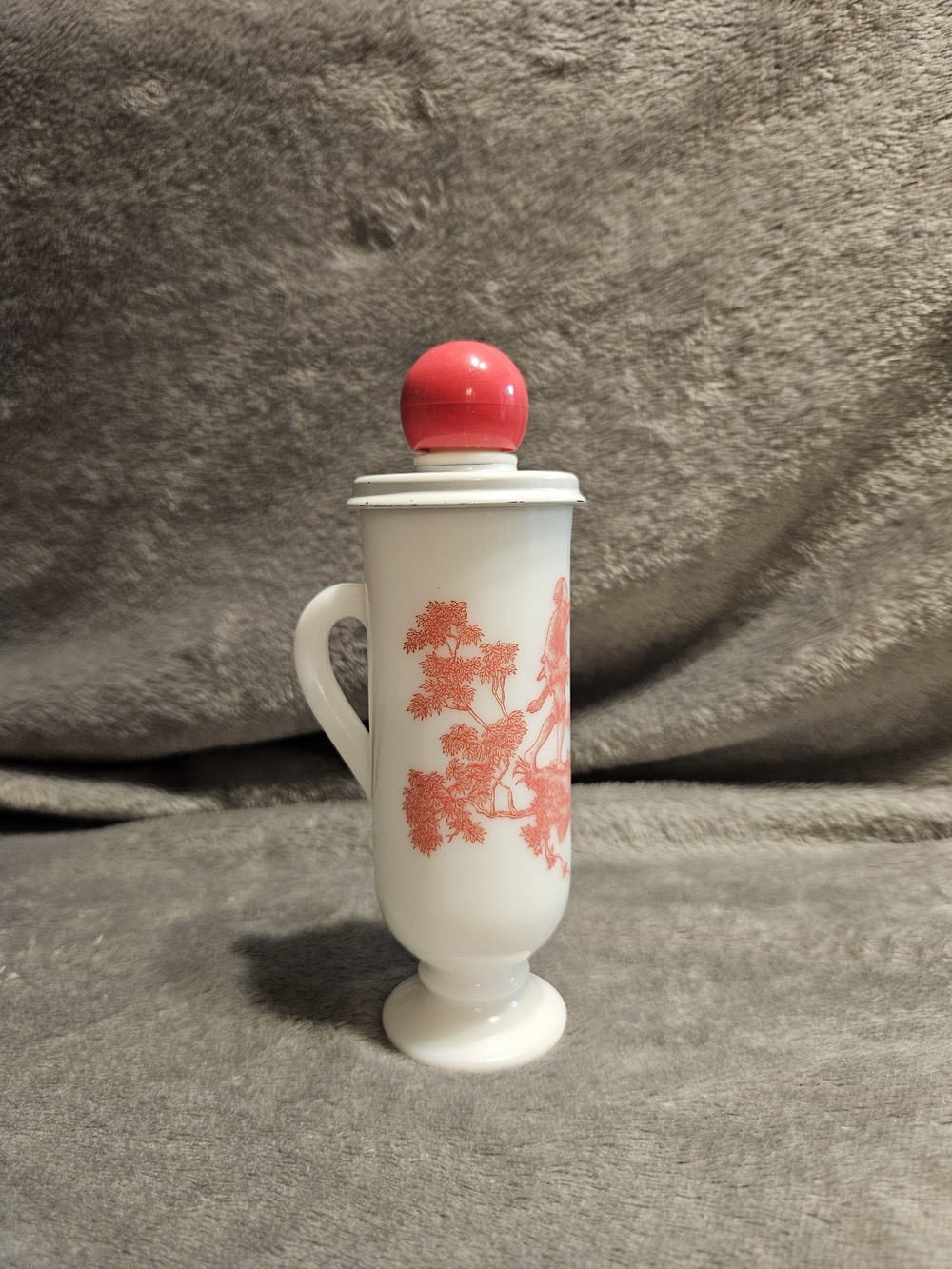 VIntage Avon milk glass tall footed "demi-cup" with a red Victorian scene design